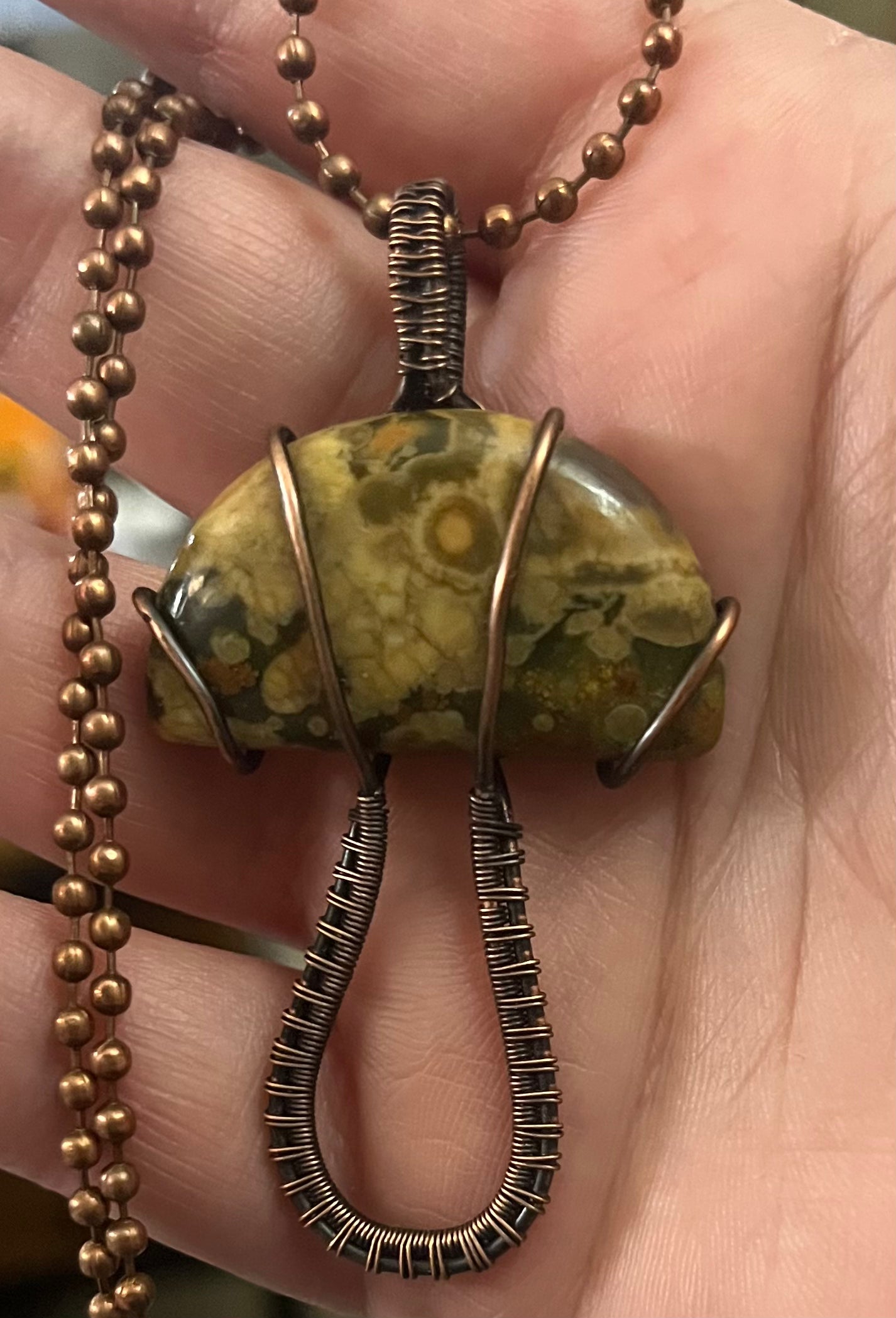 Rainforest Rhyolite Mushroom Pendant in Oxidized Copper