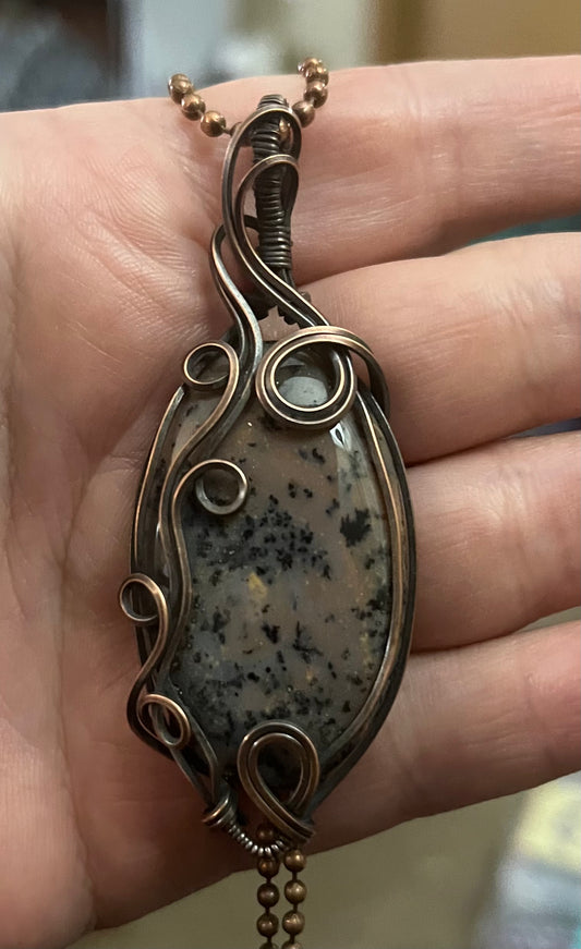 Ocean Jasper Wire Wrapped Pendant In Oxidized Copper