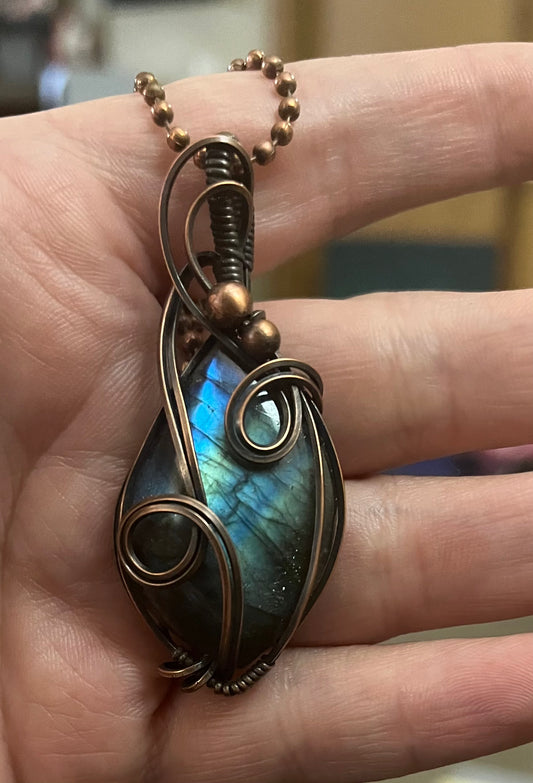 Brilliant Laborite Wire Wrapped Pendant in Oxidized Copper